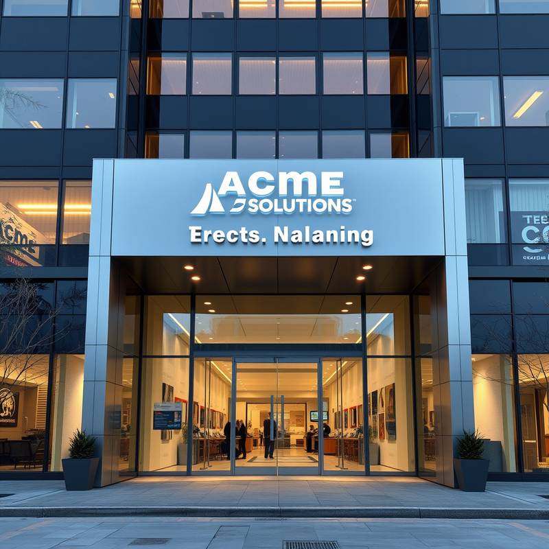 Studio Location - Entrance to Acme Digital Solutions' modern office building in Tech City